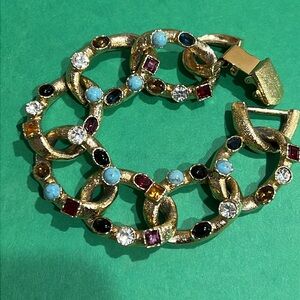 Vintage Gold-Tone Multicolor Link Bracelet with Gem Accents